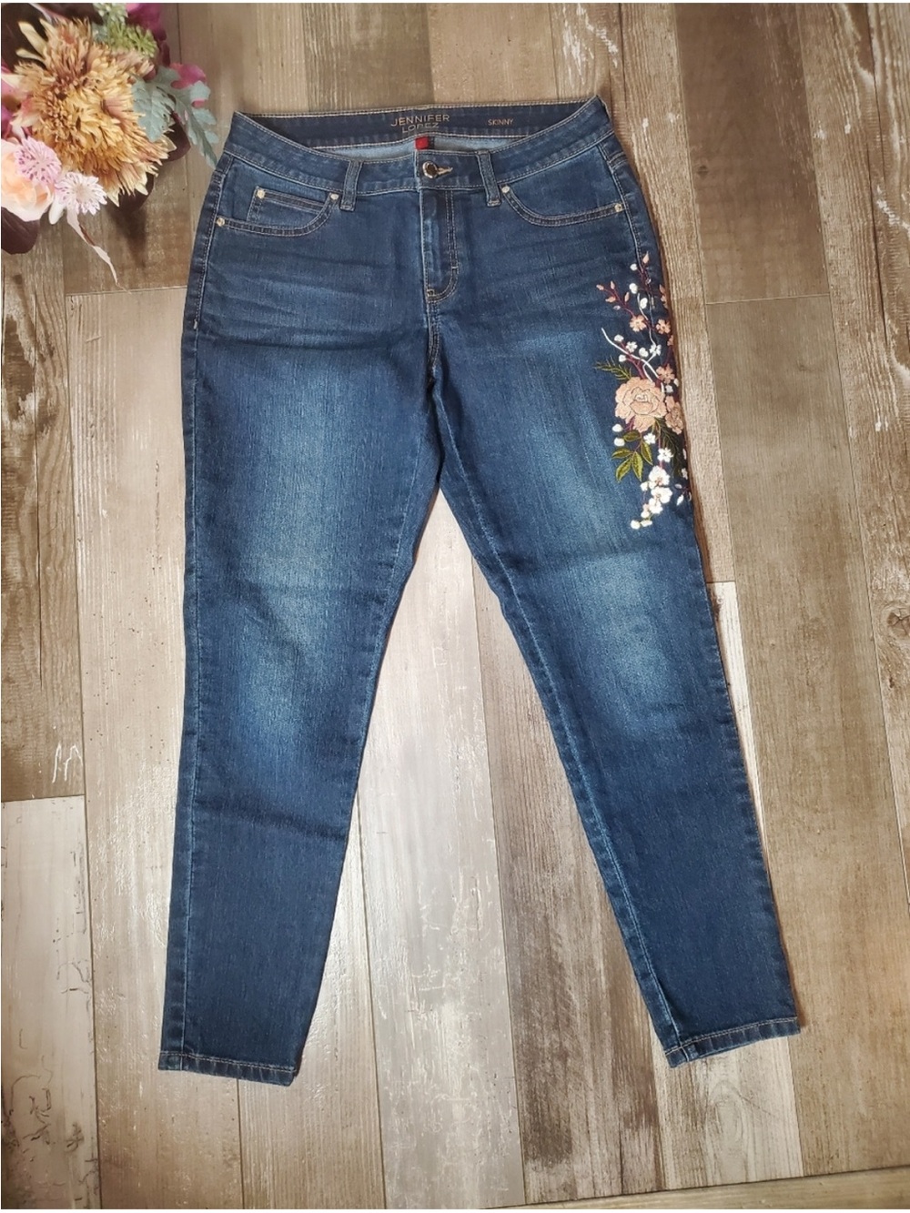 Jennifer Lopez Dark Blue Skinny Jeans with Side Floral Embroidery